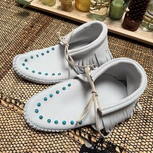 Custom White Leather Moccasins with Turquoise Accents